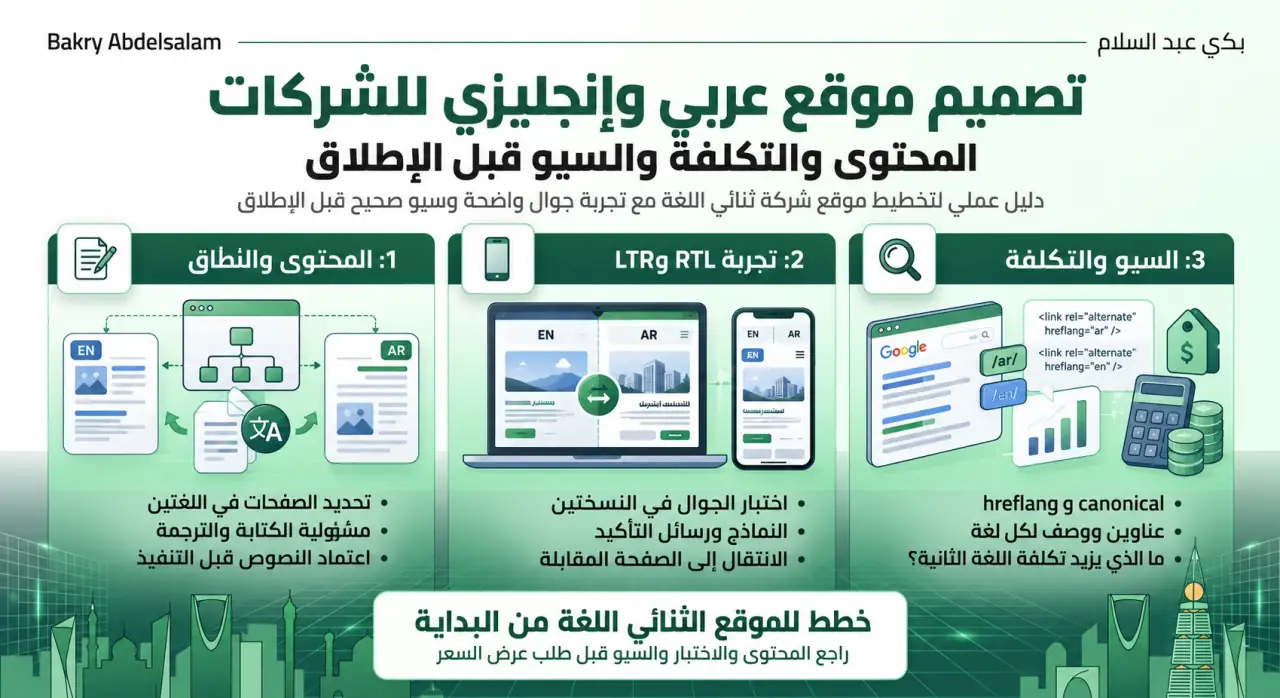 دليل تخطيط موقع شركة عربي وإنجليزي: المحتوى وتجربة RTL وLTR والسيو والتكلفة قبل الإطلاق